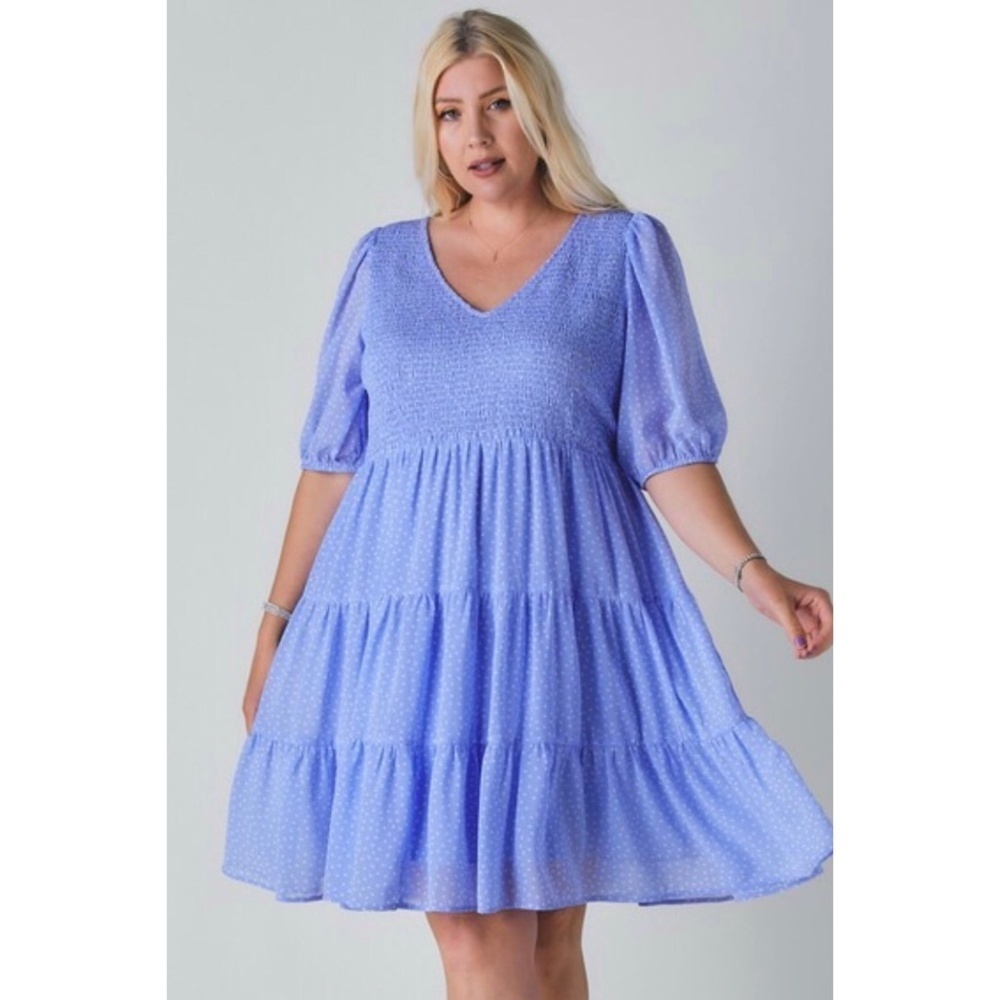 Davi & Dani Blue Polka Dot V Neck Short Sleeve Tiered Midi Dress - Picture 5 of 9